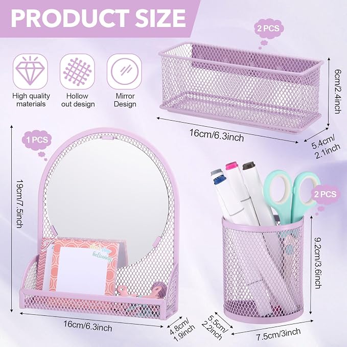 Weysat Set of 5 Magnetic Locker Accessories Mirror with 2 Magnetic Pen Holder and 2 Wire Mesh Storage Basket for Students Back to School Locker Organizer for Office End of School Years Gifts (Purple)