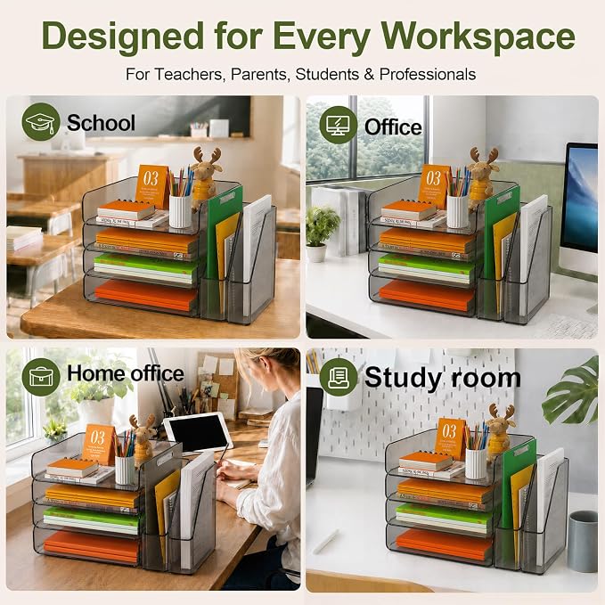 FANXIYQ 4-Tier Brown Acrylic Paper Tray Organizer with Bookends, Large Clear Stackable Letter Tray Organizer for Desk, Acrylic File Organizer & Office Paper Storage, 12.6" Wide Desktop Organizer