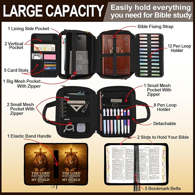 Lion Cross Bible Cover Case for Mens, Large Bible Carrying Book Case Church Bag with Strap & Handle Zipper Pocket, Bible Study Supplies Journaling Kit, Highlighters Tabs Pens Cross Clips