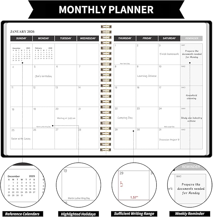 KMQOY Monthly Planner 2026-2027, 2026 Calendar 24 Months Planner, Jan 2026 - Dec 2027, 7.5"x10", Personal Calendar with Monthly Goals, To-Do List, Habit Tracker, 2 years for School Office Home Planning(Black)