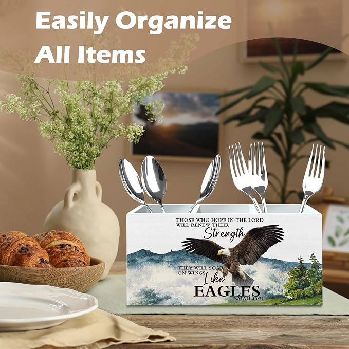 DILSJ Christian Inspirational Eagle Pen Pencil Holder Organizer for Desk, Inspirational Gifts for Women, Bible Verse Eagle Wooden Box Signs for Home Office Desk Tabletop Decoration