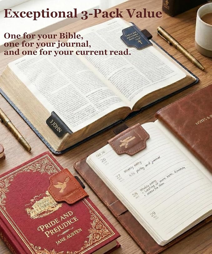 3-Pack Magnetic Leather Bookmarks for Bible, Thin Page Markers with Small Pen Loop, Laser Engraved Religious Christian Gifts for Women & Men, Vintage Leather, Page-Safe Magnets (Bible Verses)