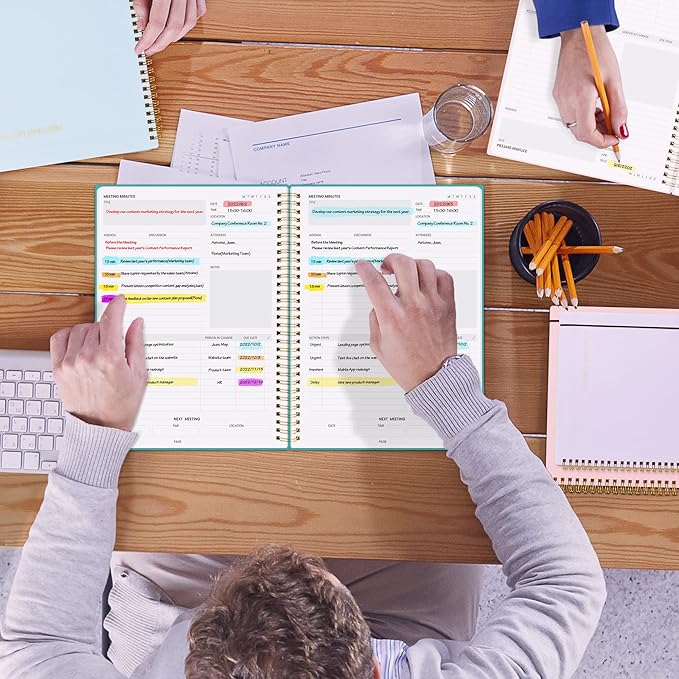 SUNEE Meeting Notebook for Work with Action Items - 160 Pages, B5 Size Project Planner, Spiral Meeting Agenda/Minutes Notebook Organizer for Women Men, Note Taking, Office & Business, 7.5"x10", Teal