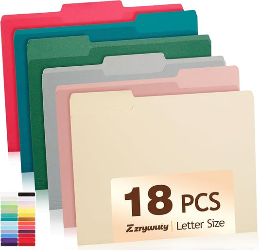 Color File Folders, 1/3-Cut Tabs, 18 Pack File Folder Letter Size, 8.5x11 Inch Manilla folders, 6 Assorted Colors Organizer File Folders for School Home Office Business