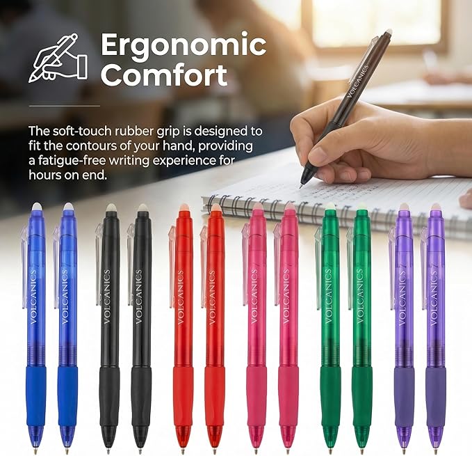 Volcanics Erasable Gel Pens 36 Pack, 6 Vibrant Colors, 0.7mm Fine Point Clicker Retractable Gel Ink Pens, Smooth & Refillable, Back to School Essentials for Home & Office Use
