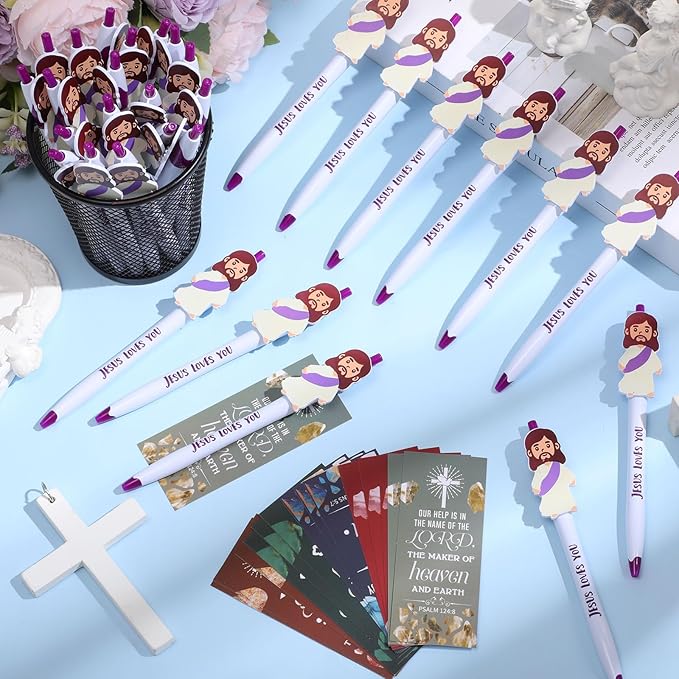 CroBlissful 48 Pcs Easter Pens Jesus Pens Bulk Christian Gift for Kid Jesus Loves You Sunday School Prize Religious Easter Gift Bible Verse Ballpoint Pen with Bookmarks for Catholic(Classic Style)