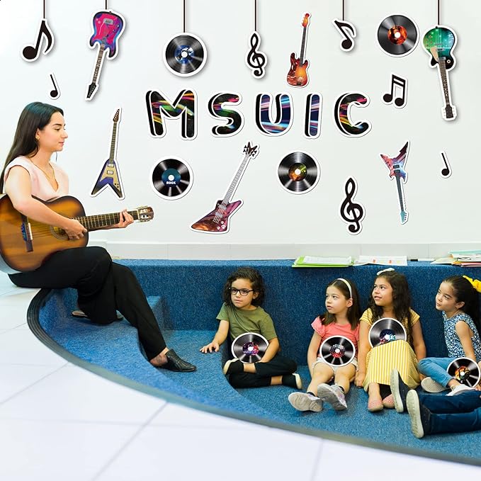 Music Themed Bulletin Board Set Musical Notes Classroom Decoration Music Notes Paper Cutouts Guitar Silhouettes Record Party Supplies for Kids Students Classroom Decor