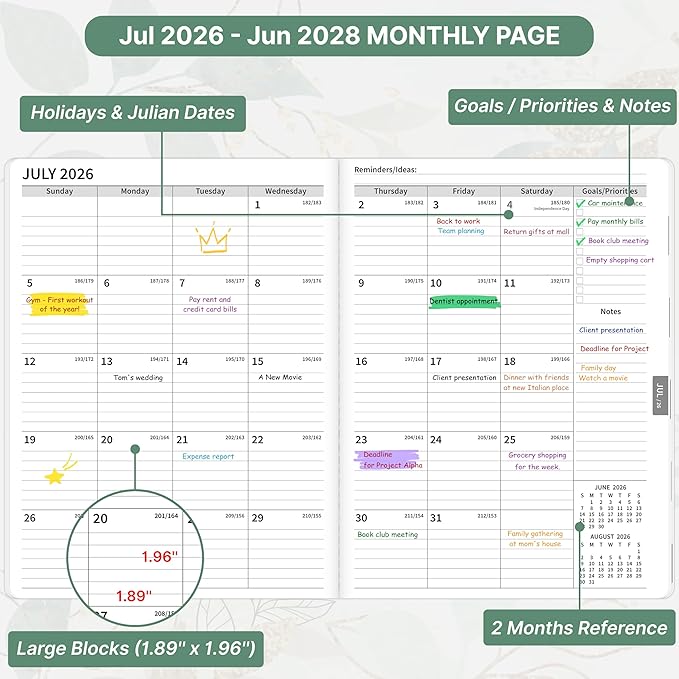 2026-2028 Monthly Planner, 2 Year Calendar Planner, Jul 2026 - Jun 2028, 8.3'' x 11'', 24 Months, Embossed Cover, with Printed Tabs ＆Pocket, Elastic Closure, Organizer for Office Home School, Green