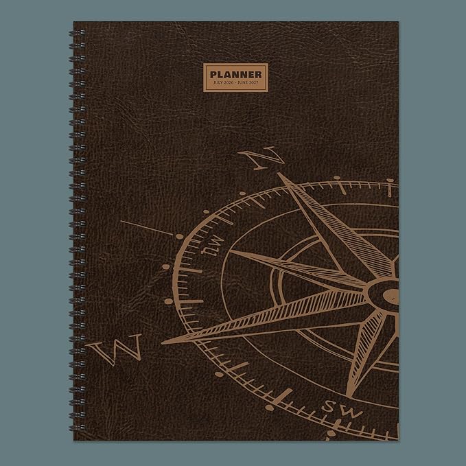 TF Publishing July 2026 - June 2027 Leather Compass Large Weekly Monthly Planner - 12 Month Academic Planner 2026-2027 with Durable Cover, Thick Uncoated Paper, and Planning Stickers - 9in x 11in