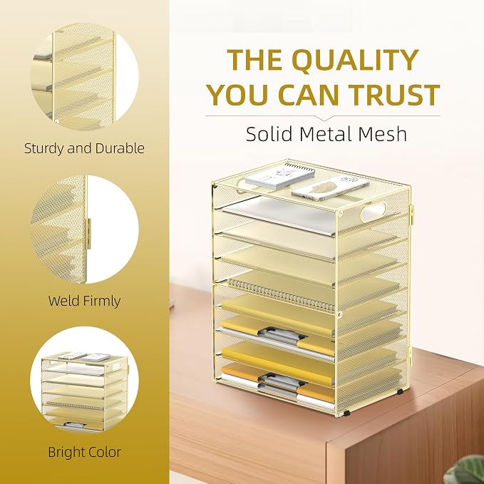 DALTACK 9-Tier Paper Organizer for Desk, Mesh Letter Tray Desk Organizer with Handles, Space-Saving File Organizer for Office Home School, Gold