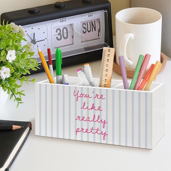 Inspirational Pen Holder, Positive Affirmations Office Pen Pencil Holder Organizer for Desk Accessories, Preppy Striped Wooden Box Desk Decor for Girls Room Bedroom Dorm Desk Decorations