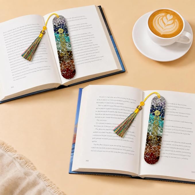 Fantasy Vintage Bookmark Gifts - 7 Chakra Stones Healing Crystals Resin Bookmarks for Women Men Book Lovers Beaded Tassels Page Marks Reading Accessories Bookish Birthday Graduation Gift