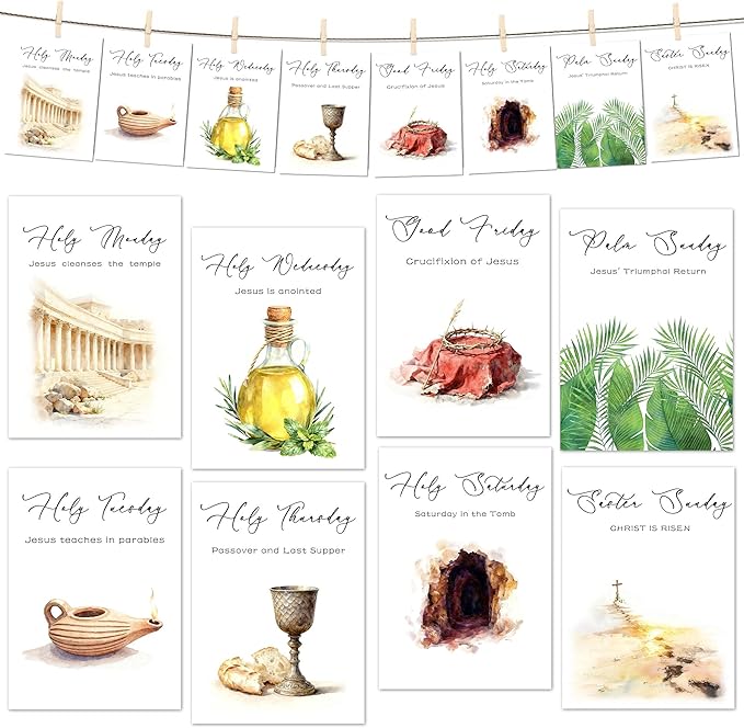 Holy Week Decoration - Holy Week Story Cards & Easter Story Cards - Religious Supplies & Easter Activities for Kids Teens Adults - Sunday School Learning Card(16 Holders 26 Feet Hemp Rope) - A03