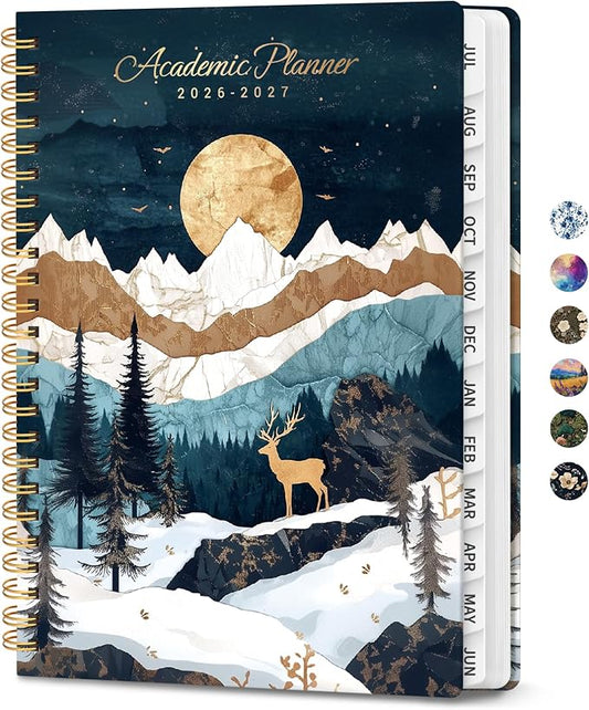 Planner 2026–2027, Academic Planner Weekly and Monthly Calendar Jul 2026 – Jun 2027 Hardcover Planner with Tabs and Pocket, Spiral Bound Agenda Book for Student & Teacher, 6.3" x 8.5", Moonlit Wilderness