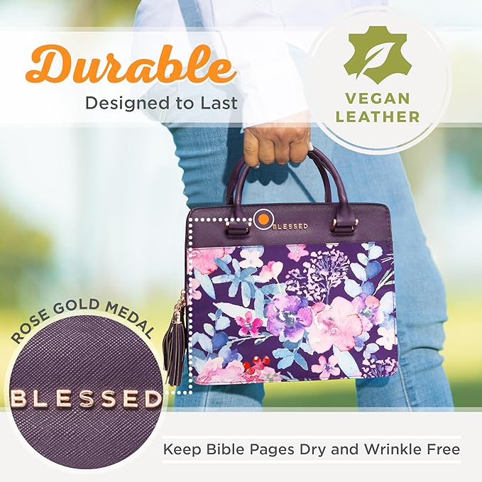 Christian Art Gifts Women's Fashion Bible Cover Purse Style Blessed, Purple Floral Faux Leather, Large