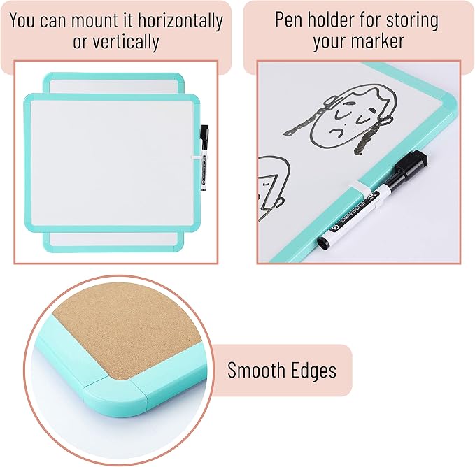 Mr. Pen- Dry Erase Board, 14” x 11” with a Black Dry Erase Marker, Mint Green Frame, Small Mini White Board for Students, Fridge, Wall, Locker, Includes Double Sided Tapes
