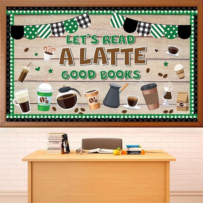 QOUBAI Coffee Bulletin Board Set Coffee Cup Classroom Decoration Latte Paper Cutouts Green Coffeehouse Crafts Teacher's Helper Charts for Back to School Nursery Chalkboard Reading Decor Wall Door