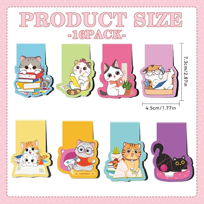 Cute Cat Magnetic Bookmarks: 16 Pcs Cute Cartoon Cat Magnet Book Page Markers Animal Bookmark Clips for Reading, Gifts for Kids Students Women Book Lovers Office School Supplies