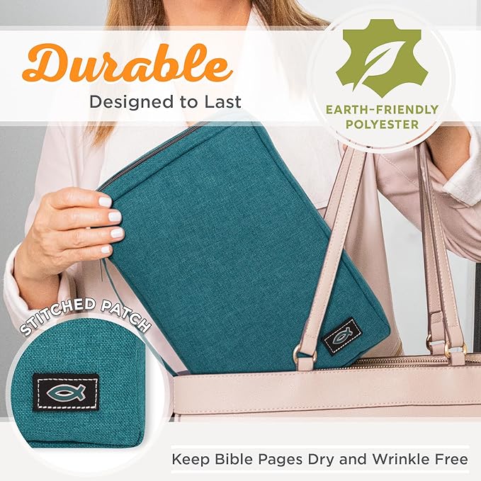 Christian Art Gifts Men & Women’s Bible Cover – Jesus Fish Symbol, Teal Canvas, Large Size – Durable Zipper Case with Handle, Pen Loop, Interior & Exterior Pockets, Easy-Clean Protective Bible Bag
