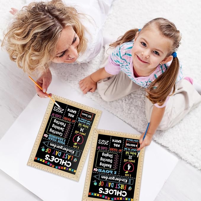Pajean First and Last Day of School Board Sign Chalkboard with Ruler Frame Printing, Reusable Back to School Board Wooden Double Sided Photo Prop, 14 x 10 Inch