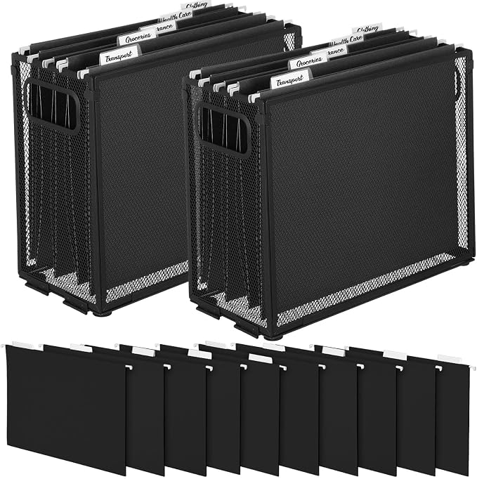 2 Pack Hanging File Holder, 10 Hanging Folders, Metal Mesh, Letter Size Folder Storage, Desktop Storage Cabinets, Office School Document(Black,Small)