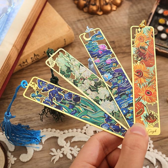 4 Pieces Metal Bookmarks with Tassel, Golden Hollow Bookmark Oil Painting Theme Book Mark Bookmarks for Book Lovers Writers Readers Children Teens Men Women Adults