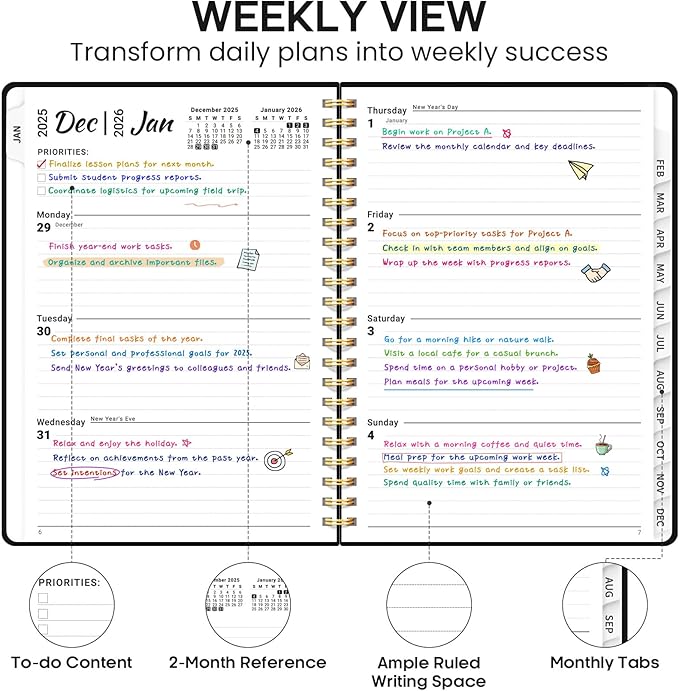 2026 Planner 8.5" x 11", Weekly and Monthly Calendar Planner Book, January 2026 - December 2026, Hardcover Spiral Planner with Monthly Tabs, Notes Pages, Perfect for Women & Men, A4 - Black