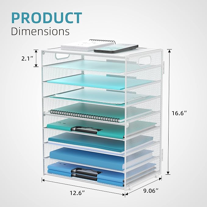 DALTACK 9-Tier Paper Organizer for Desk, Mesh Letter Tray Desk Organizer with Handles, Space-Saving File Organizer for Office Home School, White 2 Pack