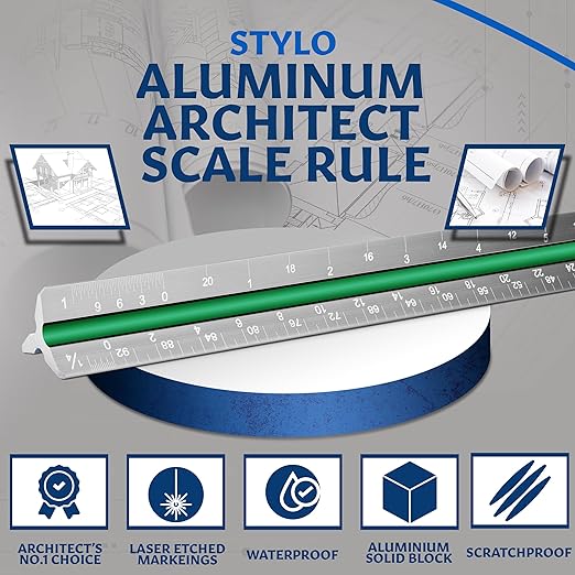 Stylo 12" Aluminum Architect Scale Ruler Laser Etched Triangle Drafting Ruler, Color Coded Grooves for Blueprint, Drafting and Drawing, Architectural Scale Ruler for Blueprints (Grey, Imperial Units)