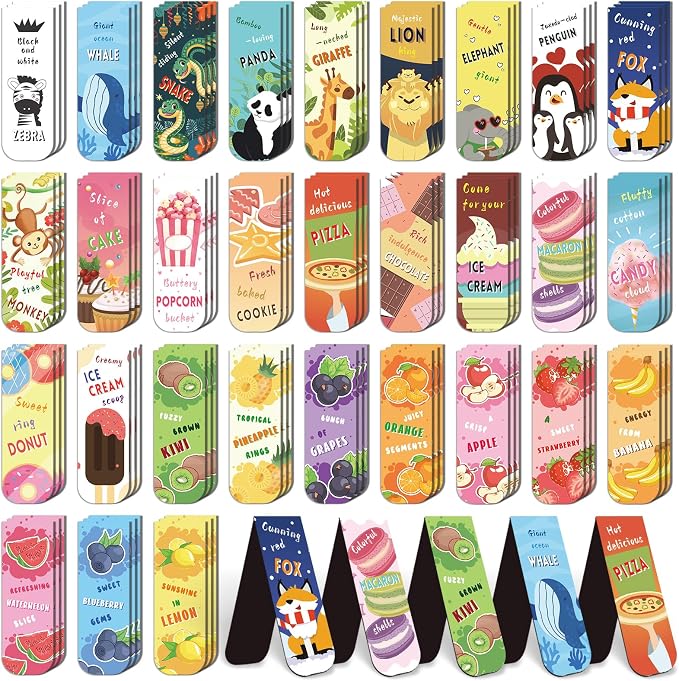 105 Pack Magnetic Bookmarks for Kids,Cute Page Markers,Back to School Gifts for Students Teachers，Easter Basket Stuffers 30 Styles(Fruit Food Animals)