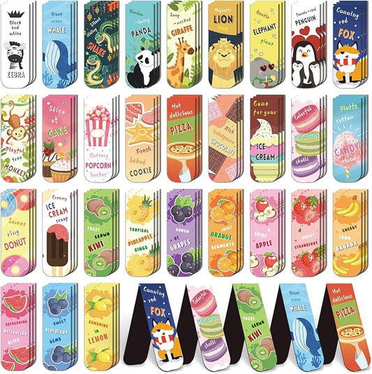 105 Pack Magnetic Bookmarks for Kids,Cute Page Markers,Back to School Gifts for Students Teachers，Easter Basket Stuffers 30 Styles(Fruit Food Animals)