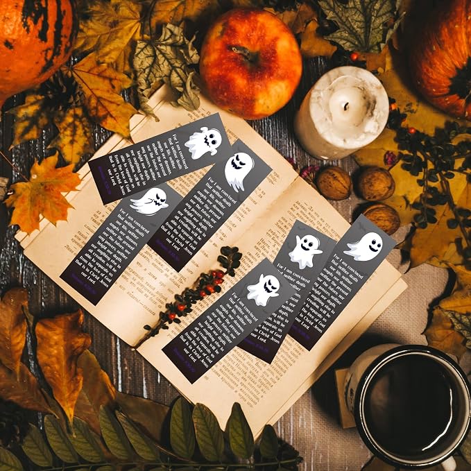 TICIAGA Halloween Religious Christian Bookmarks - 60Pcs Halloween Ghost Bookmarks for Kids, Double Sided Book Tracker Hey Boo Page Marker for Book Lovers, Christian Church Giveaways for Sunday School