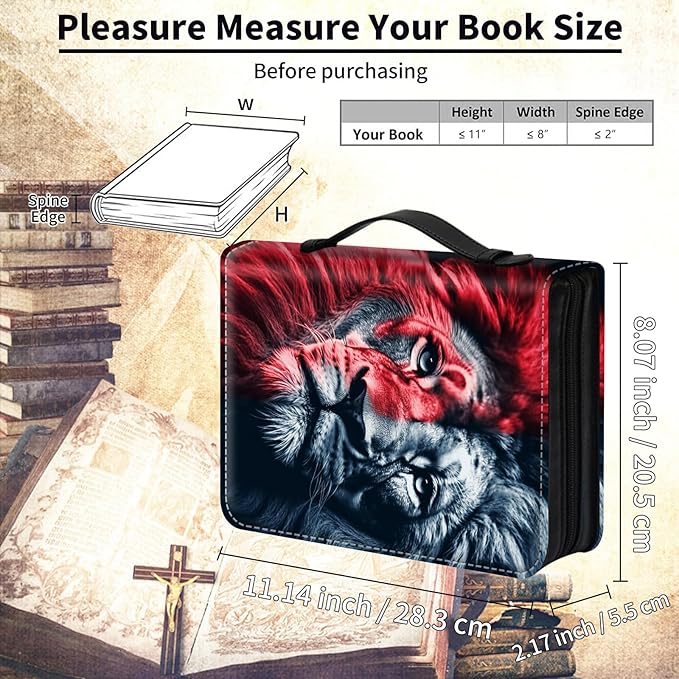 Bible Cover for Men Women,Large Leather Bible Case Fit Book Up to 11x8x2 Inch,Red Black Lion Bible Covers Bible Study Carrier Church Bags w/Handle & Zipper