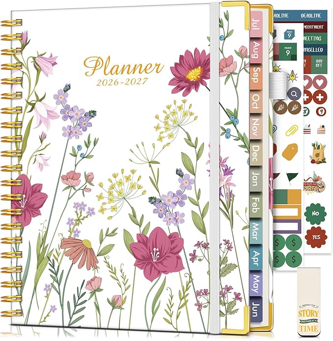 Academic Planner 2026-2027, Hardcover Weekly and Monthly Calendar Planner from July 2026 - June 2027, 8.5" x 11" A4 Large Daily Agenda with Tabs, College School Organizer for Student Teacher, Ivory Wild Flowers