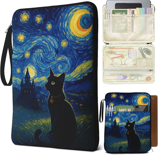 Black Cat Book Sleeve for Book Lovers, Paperback Book Protector Case, PU Leather Waterproof Book Pouch with Zipper, Printed Book Carrying Case for Hardcover, Book Cover for Women Teacher Gifts