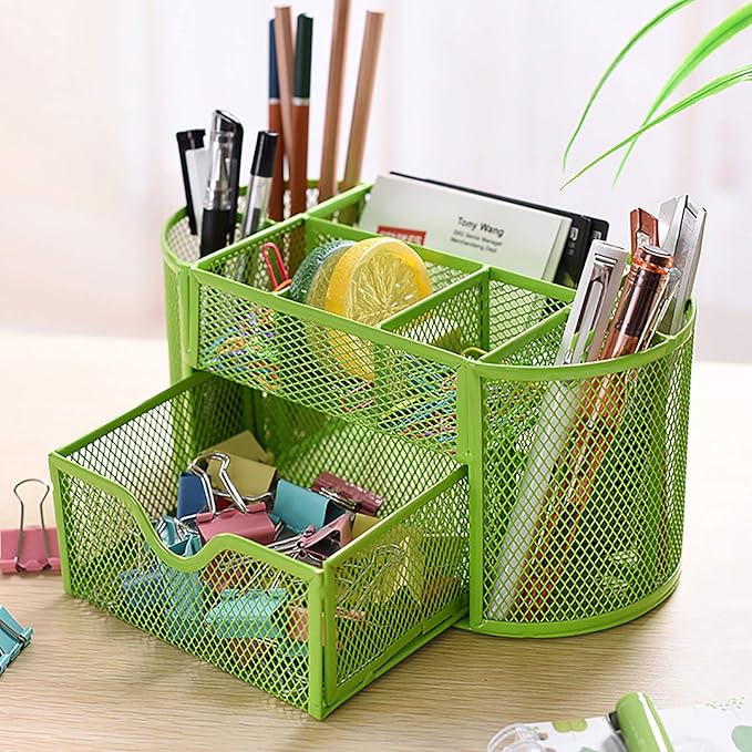 VANRA Metal Mesh Desk Supply Caddy Desktop Office Supplies Organizer Supply Holder 8 Compartments with Drawer (Green)