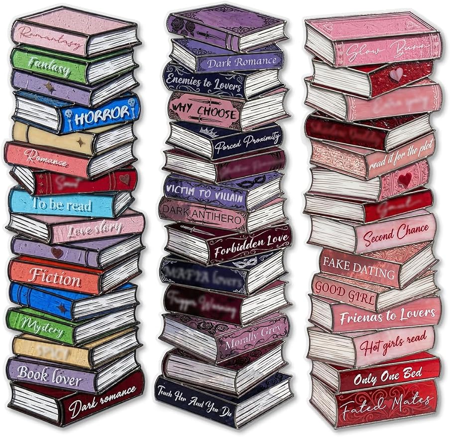 TwoDays Book Stack Stained Glass Transparent PVC Bookmarks - Romance & Fantasy Tropes Design, Dark Romance Themed Merch for Reading Women, Unique Bookish Gifts for BookTok (Set of 3, 6'' x 2'')