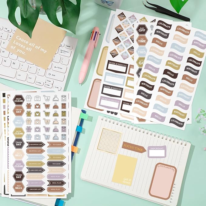 Ctosree 24 Sheets Functional Planner Stickers with Elbow Tweezer Mixed Metallic Functional and Elegant Stickers for Planners Notebooks Budgeting (Neutral Color)