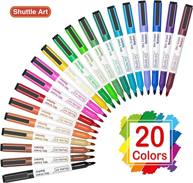 Shuttle Art Magnetic Whiteboard Markers, 20 Pieces Fine Tip and Eraser, Dry Erase Whiteboard Markers, for Writing on Whiteboards, Weekly Planner, Glass for School Office Home