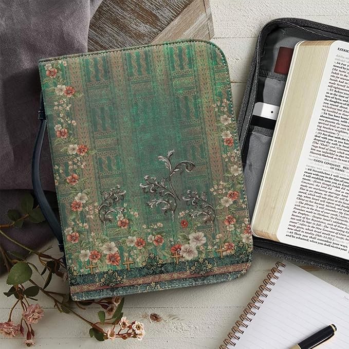 Leather Bible Covers for Women XL Size Bible Case for Grils Bible Bag Tote with Leather Bookmark,Vintage Boho Flowers