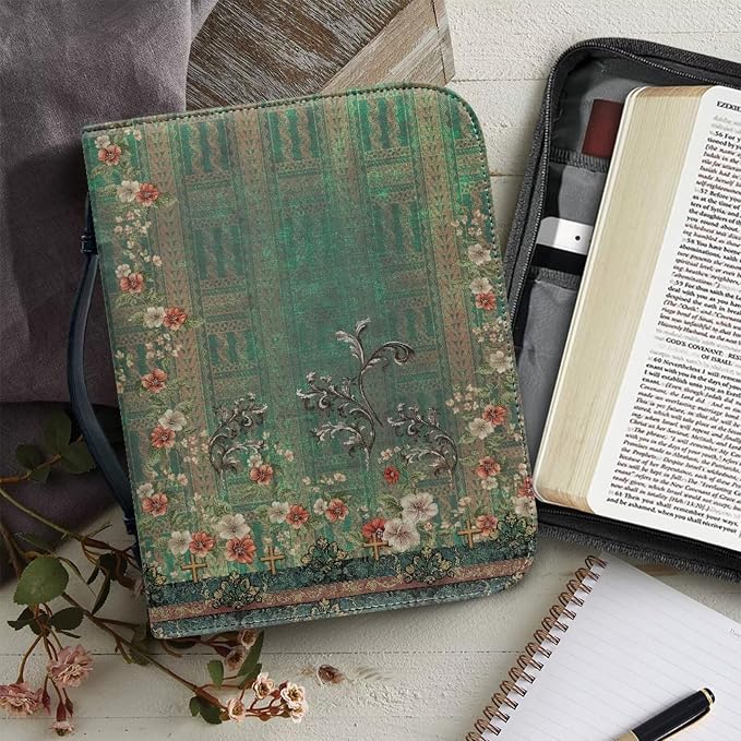 Leather Bible Covers for Women Small Size Bible Case for Grils Bible Bag Tote with Leather Bookmark,Vintage Boho Flowers