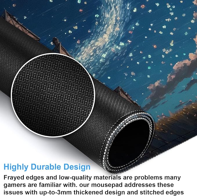Anime Art Starry Sky Castle Desk Mat XL Large Gaming Mouse Pad | 31.5x15.7in, Non-Slip Base, Stitched Edges, Washable, Office Decor