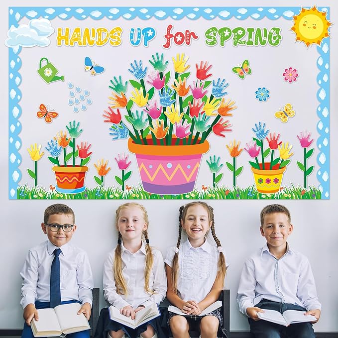 Spring Classroom Bulletin Board Decorations Hands Up for Spring Cutouts Colorful Handprint Flowers Bulletin Board Decoration for Classroom School Office Chalkboard Home Wall Door Decor Supplies