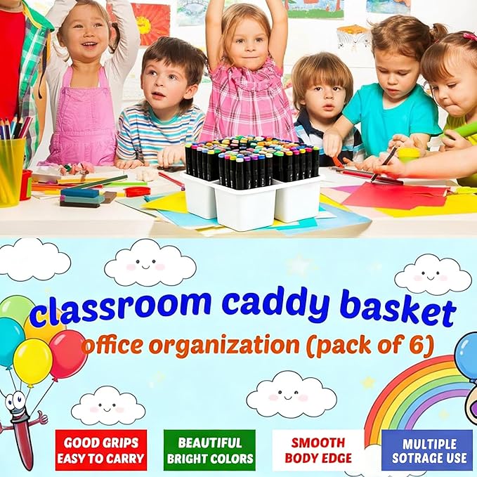 Plastic Storage Caddy Organizers, 6 Pcs Portable Teacher Classroom Supply Caddies with Handle, 3-Compartment Utility Craft Art Caddy for Kids, School Classroom and Office Organization, White
