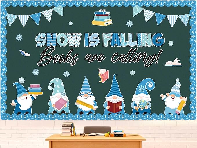 Pasimy Winter Bulletin Board Decorations Gnome Reading Classroom Decor January Bulletin Board Set Snow is Falling Books are Calling Snowflake Cutouts for Kindergarten Office Library Wall Door Display