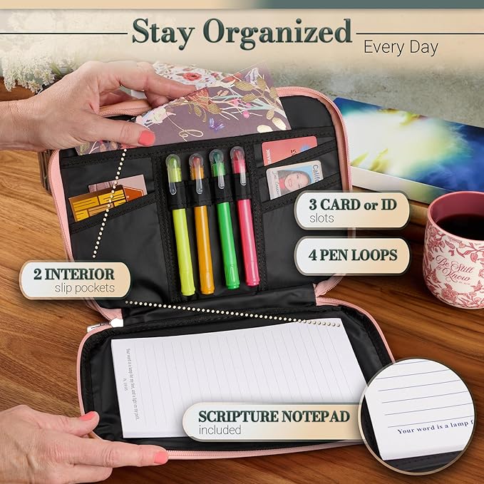 Christian Art Gifts Inspirational Vegan Leather Two-fold Organizer Bible Cover for Women, Jesus Fish Badge, Sturdy Carry Handle, Pen Loops, Pockets, Pen/Highlighter Combo & Notepad, Pink, Large