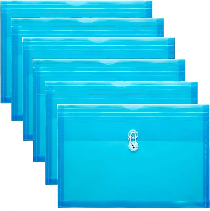 FANWU Plastic Legal Size Envelopes with String Tie Closure, 1-1/4" Expansion, Side Load, Clear File Folders Poly Project Paper Documents Puzzle Organizer for Office School Home (Blue -6 P)