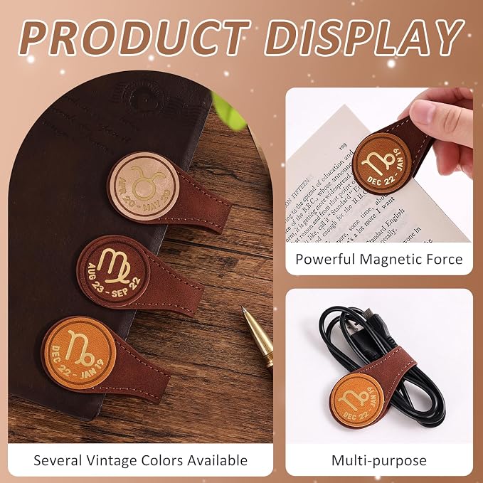 3 PCS Leather Magnetic Bookmark Clips, Zodiac PU Leather Bookmarks for Book Lovers, Full Set of Book Clip Accessories, Earth Sign