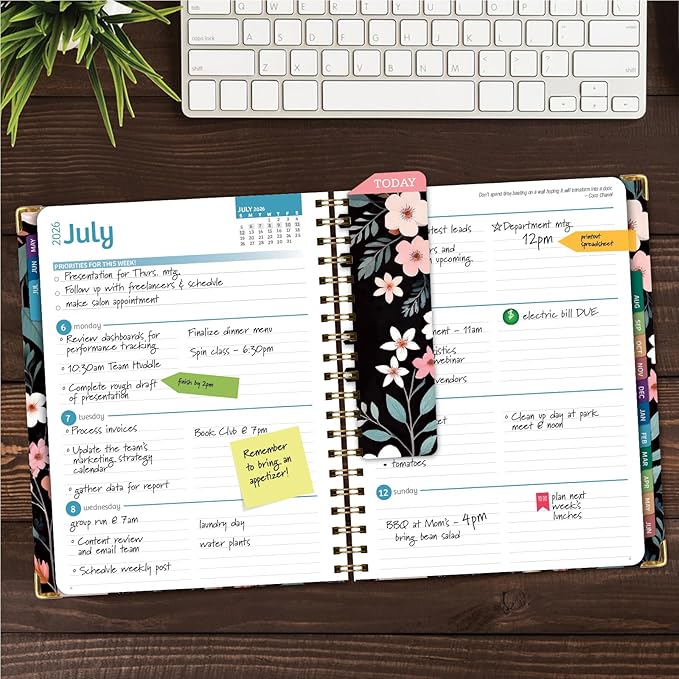 HARDCOVER Academic Year 2026-2027 Planner: 14 Months (May 2026 Through June 2027) 8.5"x 11" Daily Weekly Monthly Planner Yearly Agenda. Bookmark, Pocket Folder and Sticky Note Set (Black Floral Pink)