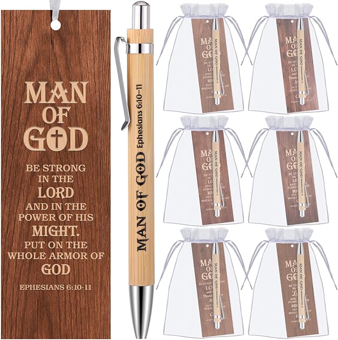 Dispowreath 24 Pcs/12 Sets Man of God Gift, Include 12 Man of God Ephesians 6: 10-11 Bookmark 12 Bible Verse Bamboo Ballpoint Pen for Men Church Prizes Party Favors